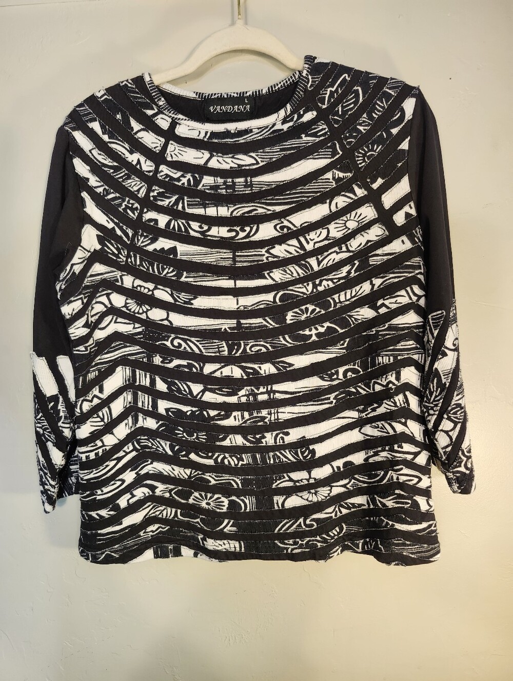 Vandana Black & White Striped Floral Layered-Look Top